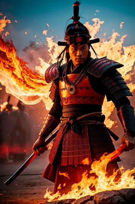 samurai with a vibrant fiery background