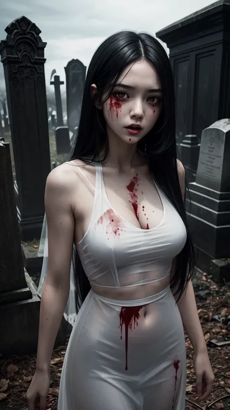 Create a picture of a woman wearing a transparent white dress,long black hair down to the bottom,face full of cuts,vicious eyes,mouth full of blood,the stomach is hollow,visible intestinal organs scattered full of blood,background of an old cemetery, myste...