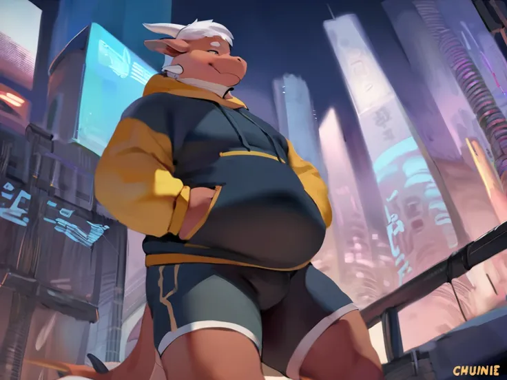 Dragon,male, solo, old man, fetish chubby round belly, plump,yaoi, doujin,wearing stylish Hoodie, Shorts, cyberpunk big city, future vibes, detail background, Looking at the audience ,out view scale, pixiv artwork,hd,4k, colour full, smooth lighting,Three ...