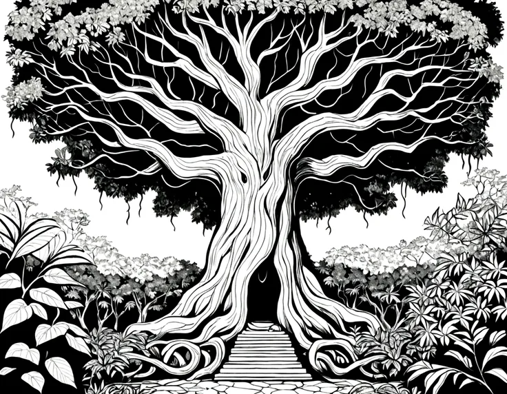 Rainforest，Big tree with vines entwined，Black and white line drawing，Line Art