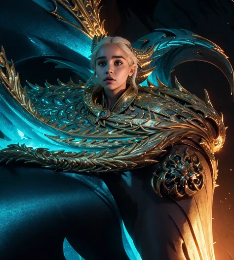 Generate an image of a sexy and serious Daenerys Targaryen with a spectacular body in a scenario that mixes future and medieval aesthetics, com um castelo high tech ao fundo, noite, arte hiperrealista em 4k, noite, lua cheia gigante e aurora boreal, a drag...