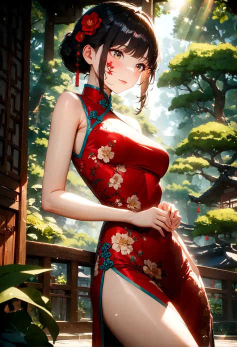 1girl, Cheongsam, Qipao, A woman wearing a beautiful red cheongsam, long black hair, elegant, graceful pose, detailed facial features, glowing skin, ornate jewelry, outdoor garden setting, sunlight filtering through trees, lush greenery, intricate floral p...