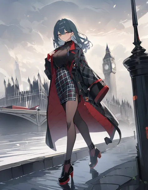 1girl(Tartan Checkin Vanness Coat、High Slit Tight Skirt）London in the fog、Walking along the Thames。