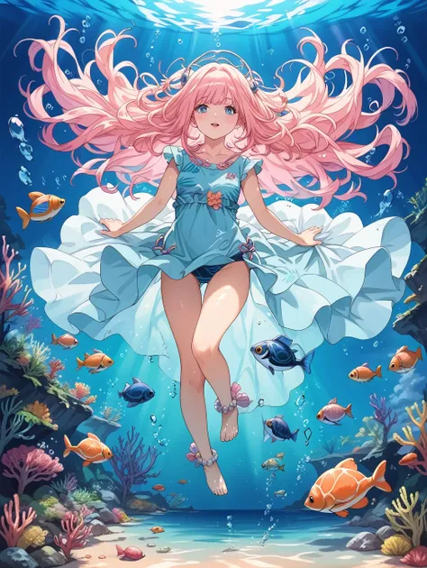 score_9, score_8_up, score_7_up, source_anime, masterpiece, best quality, high resolution, extremely detailed CG, absurdres, 1girl, solo, Full body, undersea environment, soft sunlight, Colorful tropical fish, Big sea turtle, underwater scene, underwater e...