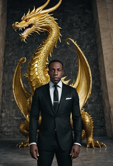 shawt a black man i. a black suit standing in front of a massive gold

 dragon