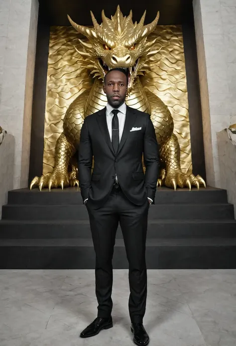 shawt a black man i. a black suit standing in front of a massive gold

 dragon