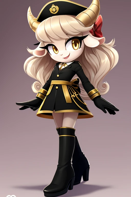 Lamb girl of great beauty, light beige hair almost white, long curled ends, laughing fringe, golden eyes or long tines, black and gold military suit and hat, serious face without showing emotions, heeled ankle boots, elegant black gloves with bow