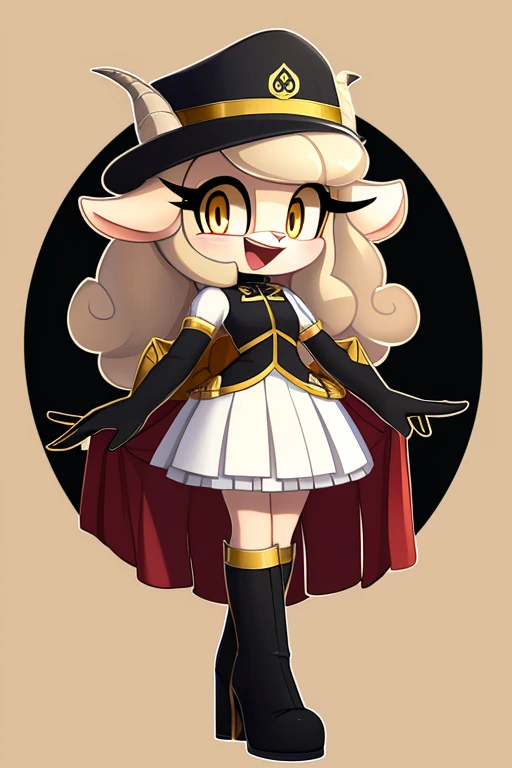 Lamb girl of great beauty, light beige hair almost white, long curled ends, laughing fringe, golden eyes or long tines, black and gold military suit and hat, serious face without showing emotions, heeled ankle boots, elegant black gloves with bow