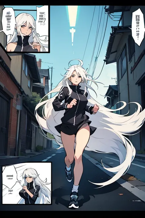 Girl with long white hair running, manga page with panels and dialogue 