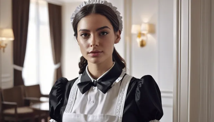 "Ultra-realistic portrait of a beautiful and humble 25-year-old French maid working in a hotel, capturing fine details of her features. She is wearing a classic black and white maid uniform with a neat apron, standing in a well-kept hotel room with elegant...