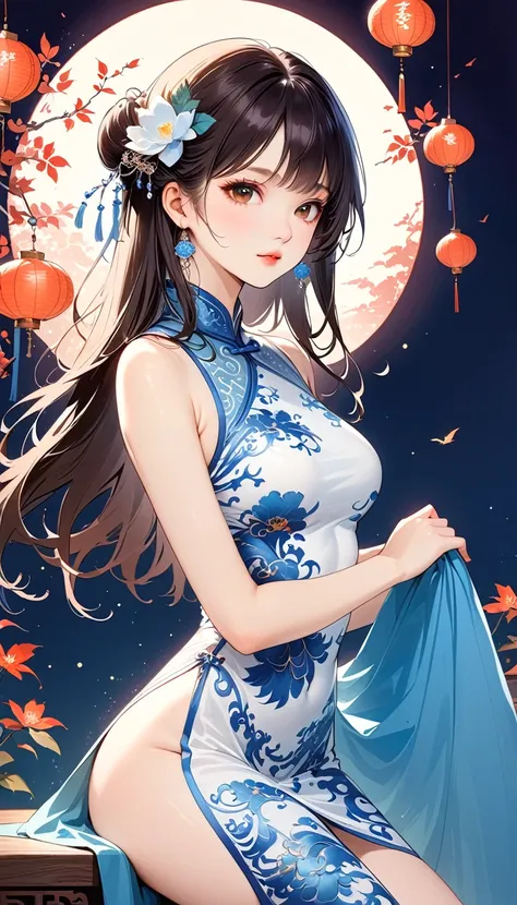 1 girl，On Cheongsam,Anatomically correct, Long hair，Blue and white porcelain，Exquisite pattern，Oriental elements，Ink painting style, Clean colors,White background, Soft lighting, ( Bokeh)，masterpiece, Very detailed, Epic Composition, best quality, 4K，