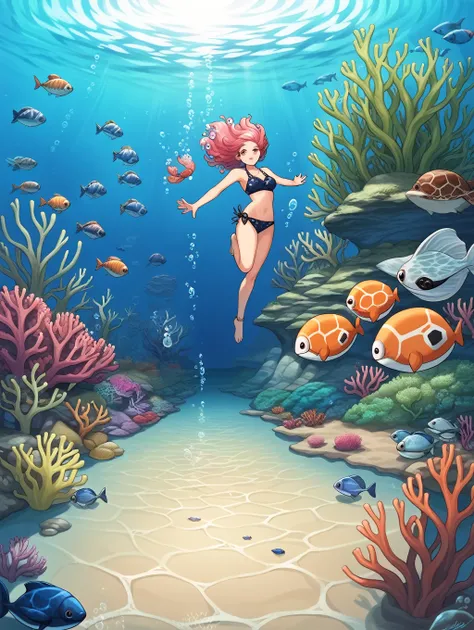 score_9, score_8_up, score_7_up, source_anime, masterpiece, best quality, high resolution, extremely detailed CG, absurdres, 1girl, solo, Full body, undersea environment, soft sunlight, Colorful tropical fish, Big sea turtle, underwater scene, underwater e...