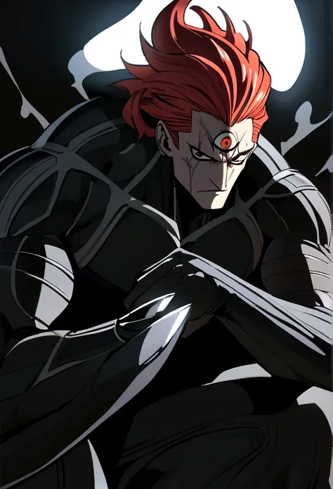 Male with long red hair. black vein marks from eyes to cheeks. Black claws up to the elbows. black cover with white X marks. tall and muscular. completely black eyes, has a third eye that is also completely black. one piece style.