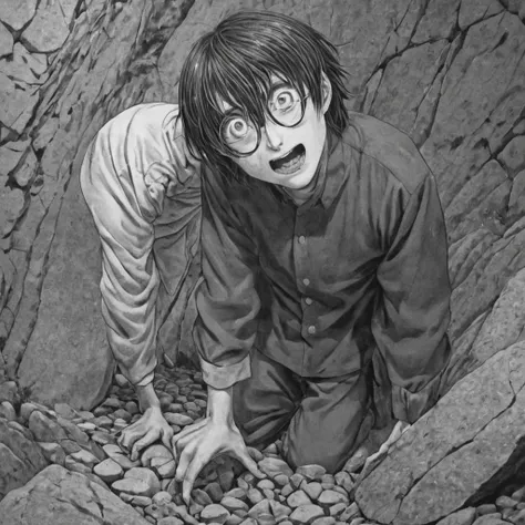 cutting stone in half, (anime), bizarre scenario, This is Junji, Yusuke Murata, black and white, 8K, anime, horror