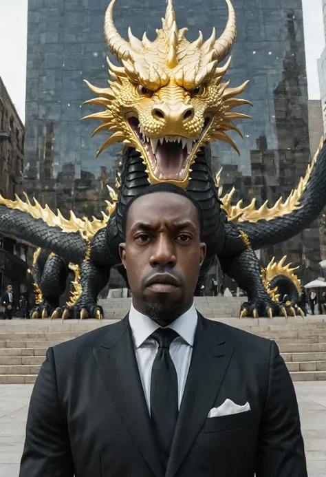 A close-up view of 
Shawt a black man i. A black suit standing in front of a massive gold

 dragon
