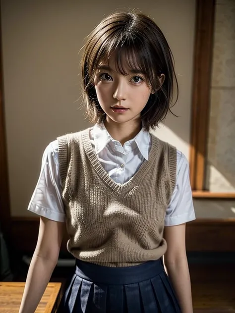 Masterpiece, Top Quality, Top Mikoto, brown eyes, short hair, small breasts, looking at viewer, alone, closed mouth, collared shirt, beige knit vest, dark blue  Skirt, school_uniform, shirt, white_shirt, classroom,Masterpiece, highest quality, 8K, detailed...