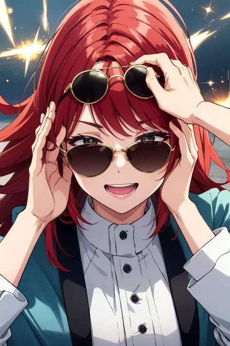 Focus on the face、Face only、Red hair、Yellow sunglasses、laughing、Hands on sunglasses、Fancy costumes、Spark effect