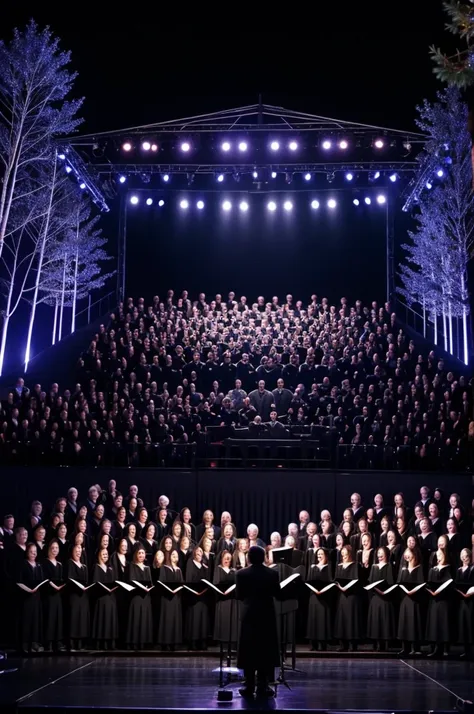 Choir dressed in black singing at night on a brightly lit outdoor Christmas decorated stage. With a choir director with her back to the audience and some trees and bushes around