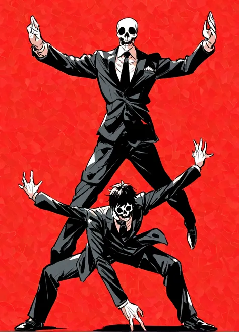 Trio of suit and tie,dynamic pose,nervous expression, with red background,death note style