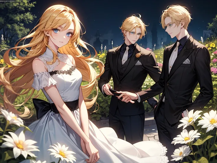 (1 woman,golden hair,blue eyes,Dress,beautiful),(1Men,golden hair,blue eyes,Black tone set)(background : flower,garden,แสงbeautiful,fine,Anime,detailed)