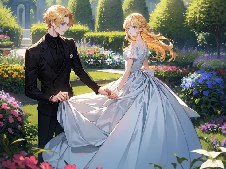 (1 woman,golden hair,blue eyes,Dress,beautiful),(1Men,golden hair,blue eyes,Black tone set)(background : flower,garden,แสงbeautiful,fine,Anime,detailed)