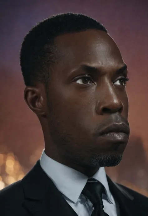 A close-up view of 
Shawt a black man i. A black suit standing in front of a massive gold

 dragon
