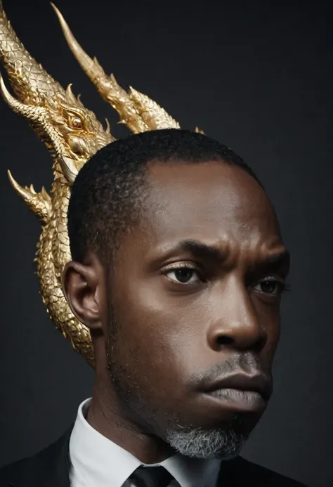 A close-up view of 
Shawt a black man i. A black suit standing in front of a massive gold

 dragon
