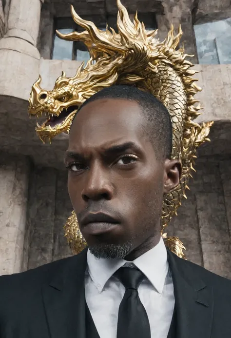 A close-up view of 
Shawt a black man i. A black suit standing in front of a massive gold

 dragon
