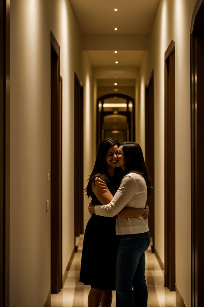 Coco Nicolich hugging her mother,in a lighted hallway