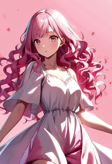 light pink hair, pink eyes, pink and white romper, sakura leaves, bright coloured, white gown, paint splash, simple background, ray tracing, wavy hair