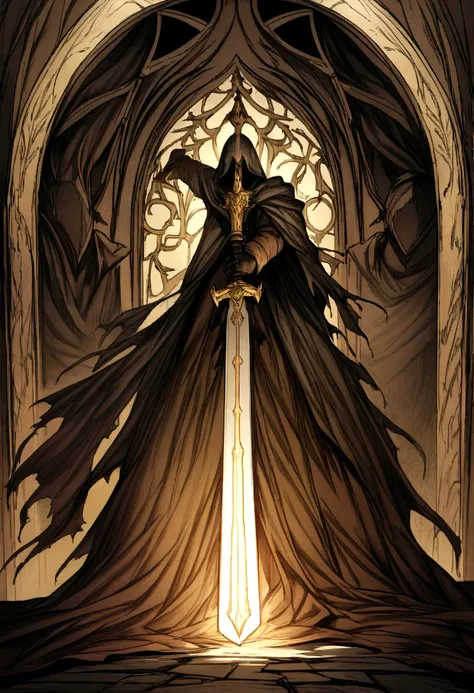 A mysterious figure wrapped in a tattered, dark cloak remains resolutely, bathed in a stranger, otherworldly glow. On the one hand, he holds a threat, sword decorated with old engravings, its blade reflecting a dim light, sinister light. The face of the ma...