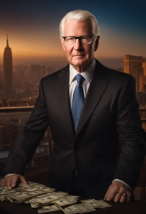 Bob Proctor palestrante apontando para a mente, retrato real, 
warm lighting, intense expression, glasses Determined look, dedo apontando para a mente (headpe), suor escorrendo , striking expression, suit well passed dollar bills, rich scenery blurred city...