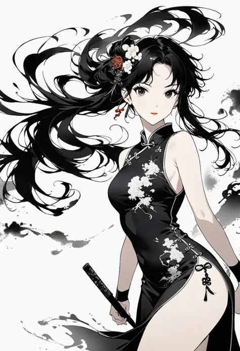 Artistic ink painting，Three-dimensional ink painting，Minimalism，Minimalist graphics，Minimal Art，Chinese anime girls，whole body，Chinese style，antiquity，Ink Painting，cheongsam，Black long hair，Black and white background，古韵White Space，White Space，大面积White Spac...