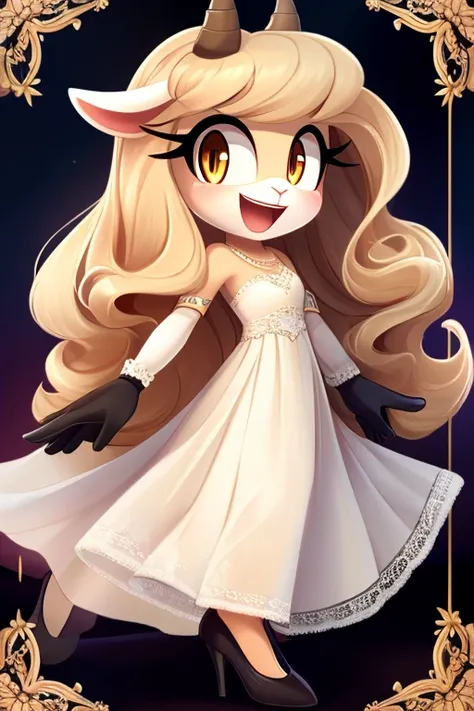 Lamb girl of great beauty, long beige hair curled at the ends, laughing fringe, golden eyes or long tines, White dress, elegant black heels and gloves, White skin