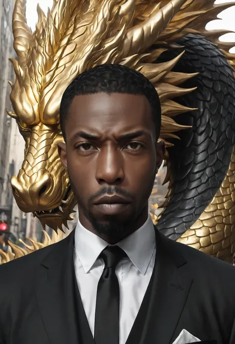 A close-up view of 
Shawt a black man i. A black suit standing in front of a massive gold

 dragon
