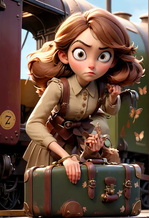 A young woman, Alice, with brown hair and curious eyes, boarding a train on platform 7, carrying a vintage suitcase