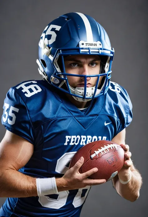 American football player with blue uniform, helmet, number 35 printed on the front of the shirt. with ball in hand at speed, close-up.