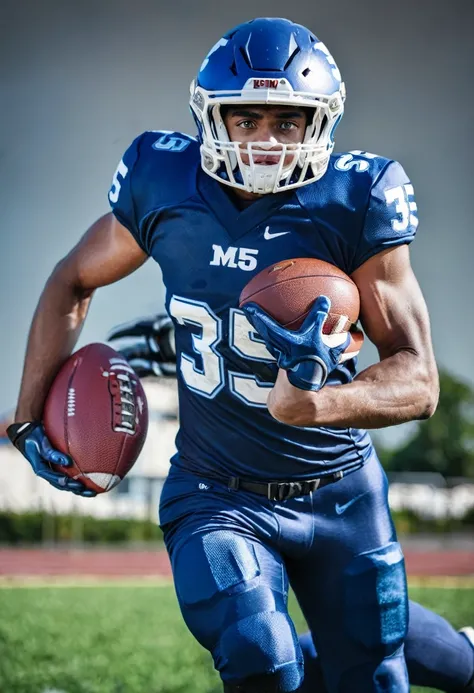 American football player with blue uniform, helmet, number 35 printed on the front of the shirt. with ball in hand at speed, close-up.