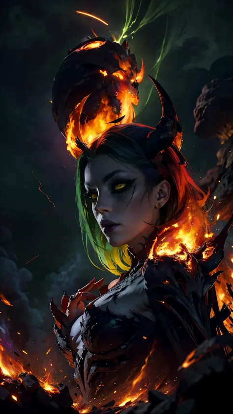 High view, high angle of camera, A beautiful and sexy queen of hell, anime style. walking through a dark, rotten and burnt Hades, showcasing the fiery green hair and thin black horns with incandescent cracks, black tears, golden ornament. Every space and b...