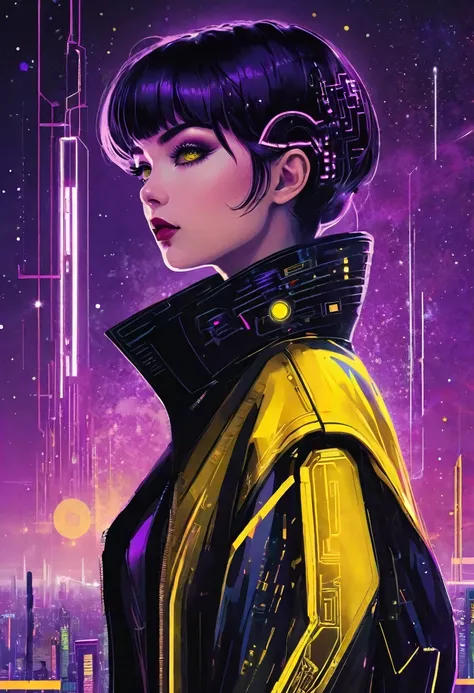 《bladerunner》filmposter：1 Lady, Starry sky and zodiac signs, Purple hues like nebulae, Vast space, Cyber punk personage bottom city, ( Background with:black and yellow Background with1.4), (RHAD:1.2), (artistic décor:1.4), (Retro-Future:1.4), (minimalist:1...