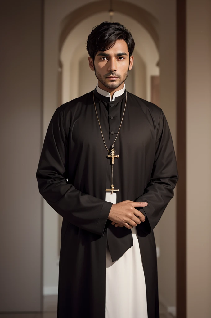 a brown man, brown-eyed, straight and short hair, wearing a black outfit, similar to a priest&#39;s cassock, with a mustache, wearing leather gloves on the right and left hands, and on his right hand a gold ring with an emerald stone, with black dress shoe...