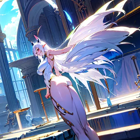 ass, sitting, solo, behind, panties, butt focus, wide hips, anime girl with long white hair and elf ears, elf ears girl, solo, seductive anime girl, very beautiful anime succubus girl, cute anime succubus, cute anime bat wings, white haired deity, cute ani...