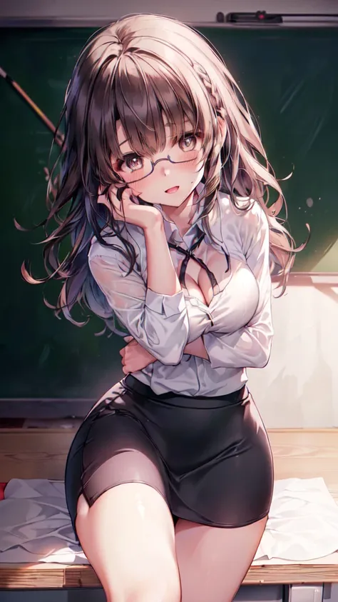 (Ultra-high resolution of the highest quality, masutepiece, Best Quality, 8K, Super Detail, Best Quality:1.3), (Anatomically correct:1.2), (1 elementary school female teacher:1.6), (large breasts:1.1), (drooping eyes:1.3), (blush cheek, blush body:1.3), (w...