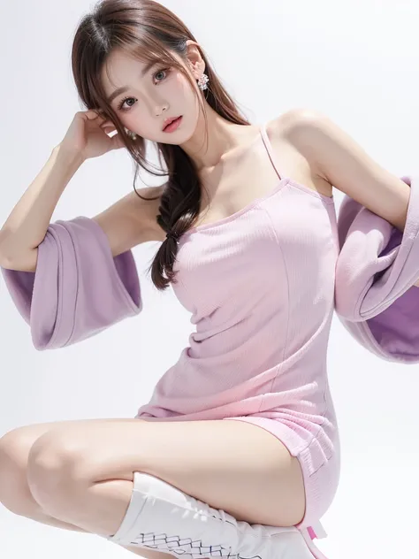 Beautiful woman wearing a pink white purple mini dress with decorations on the shirt and visible shoulders and wearing boots and being photographed with a white background ,Korean style swag, beautiful face so gorgeous, Beautiful eyes, y2k style