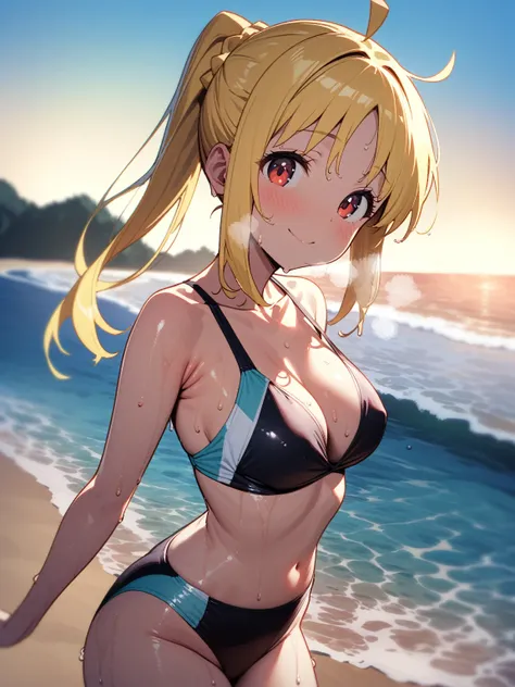 (nsfw,)(ijichi nijika,blond hair,hairclip),((solo girl)),((Perfect body,))((Super beautiful,))((High quality,))((Heavy breathing,sweat, Sweaty and wet all over,)),backlit,shiny glossy,breast, Looking at Viewer,((Beach side,swimsuit, sexy swimsuit, cowboy s...