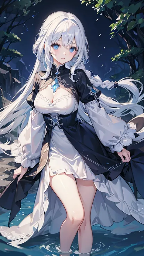 White hair and blue eyes、adult、Long, fluffy wavy hair、Braiding、Wearing hair ornaments、Princess、White Hand、Wearing a lace dress、Being in the water、Fantasy