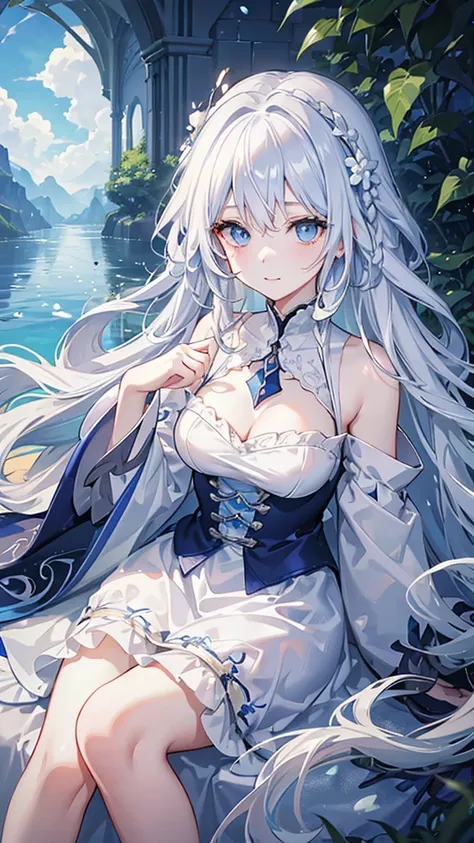 white hair and blue eyes、adult、long, fluffy wavy hair、braiding、wearing hair ornaments、princess、white hand、wearing a lace dress、b...