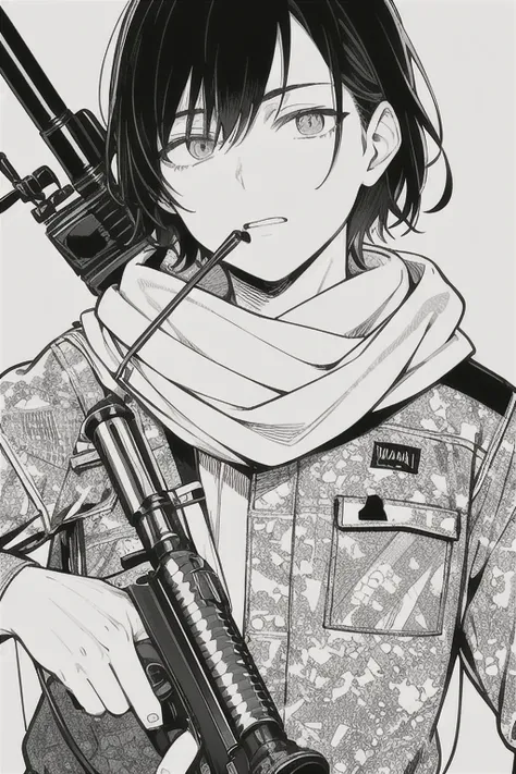 Teenage boy, short black hair, eyes browns, Olhos de Simo Häyhä shuumatsu no valküre, wearing white military camouflage clothing, cold and calculating look, wearing white scarf over mouth, holding a sniper rifle. Monochrome manga style art.