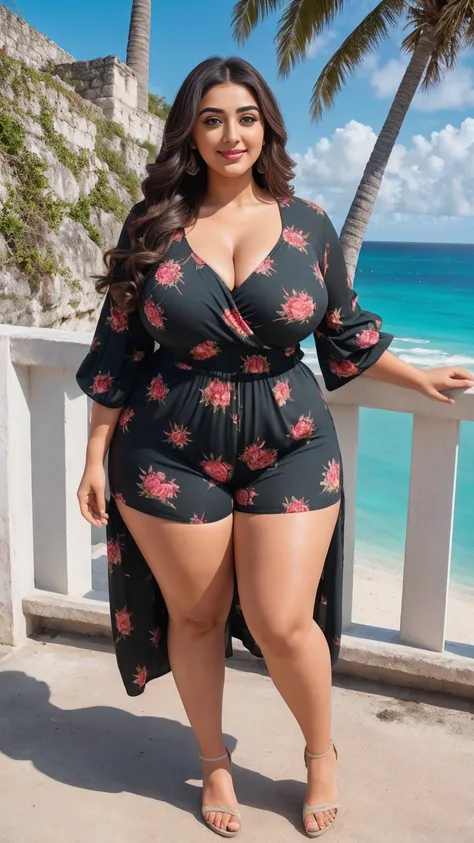 monali thakur Indian beautiful actress curvy plus size hour glass bulky huge figure woman, closeup camera view, big huge m-cup breast, wearing SHEIN Teen Girl Floral Printed Romper With Puff Sleeve For Summer Vacation Color: Red, covered Bust , elegant sta...