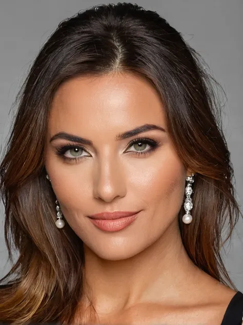 Un portrait étonnant d&#39;une belle jeune femme brune en robe sombre, yeux marron foncé, cheveux foncés, color Cheveux raides, queue de cheval, superbe trait du visage, yeux parfaits, yeux ultra réalistes, visage parfait, corps parfait, cinématique, film ...